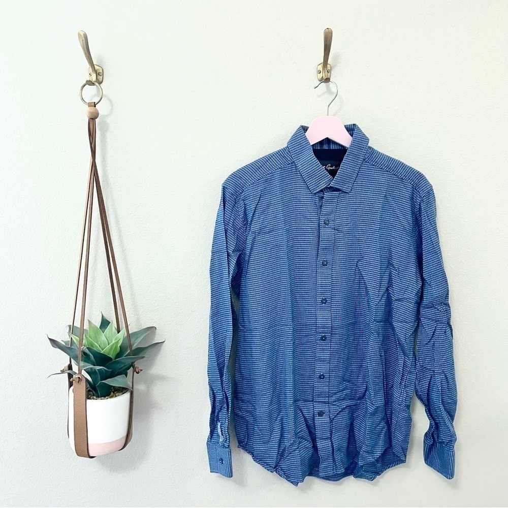 Robert Graham Blue Gingham Long Sleeve Button Front Shirt Tailored Fit Size L